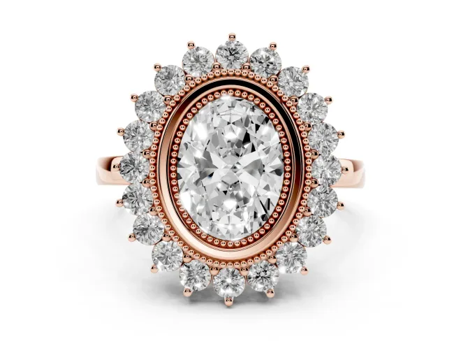 Oval Cut Diamond Halo Ring Set in Rose gold with Milgrain Edge and Round Prong Setting