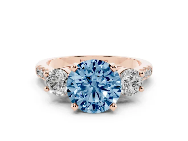 Round Three-Stone Engagement Ring Setting for a Fancy Blue Lab-Grown Diamond | Rose Gold