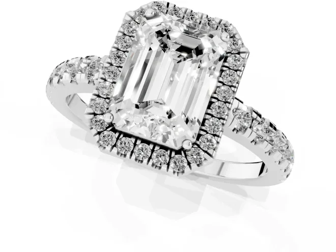 Emerald Cut Diamond Halo Ring Set in Platinum with Delicate Pavé Band and Prong Setting – second view