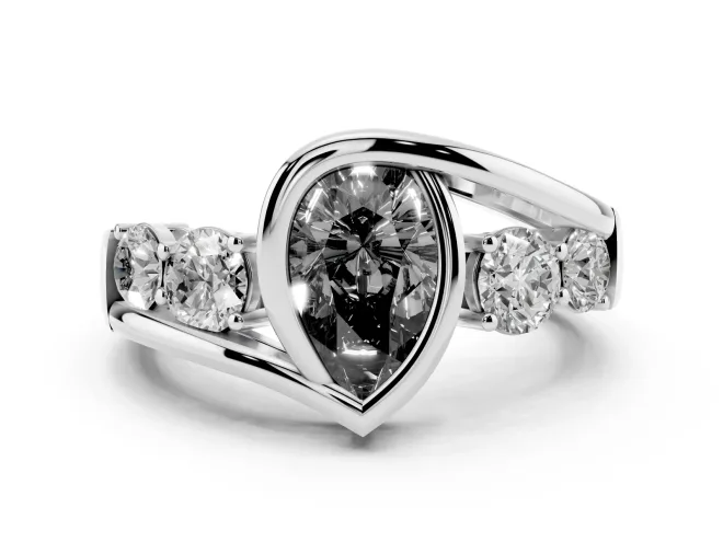 Fancy Black Pear Cut Diamond Bezel Bypass Ring Set in White gold with Round Accents