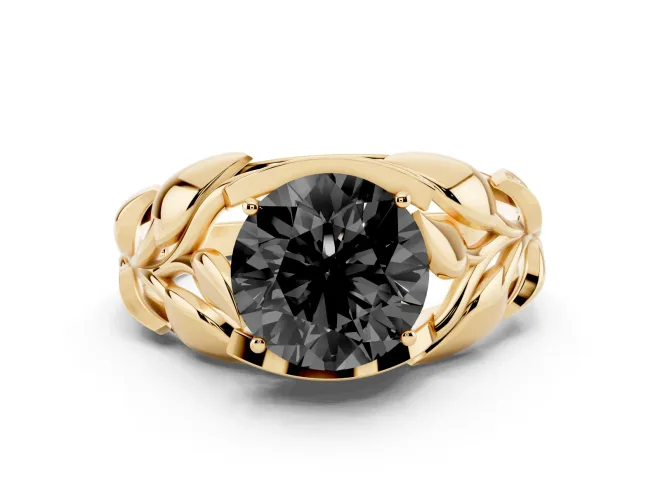 Fancy Black Round Cut Diamond Leaf-Inspired Engagement Ring Set in Yellow gold with Round Accents