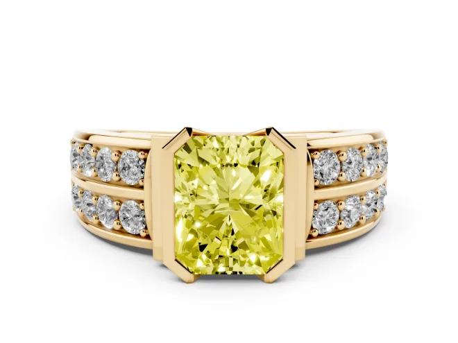 Radiant Cut Half Bezel Engagement Ring Setting for a Fancy Yellow Lab-Grown Diamond | Channel Band | Yellow Gold