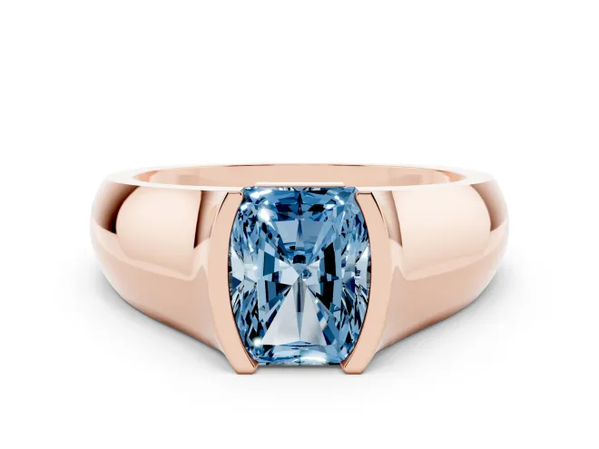 Fancy Blue Radiant Cut Diamond Bezel Solitaire Ring Set in Rose gold with Wide Band