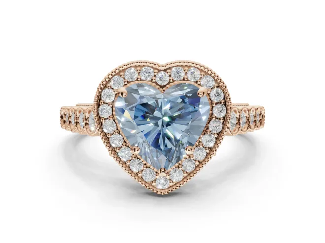 Heart-Shaped Graduated Milgrain Halo Engagement Ring Setting for a Fancy Blue Lab-Grown Diamond | Rose Gold