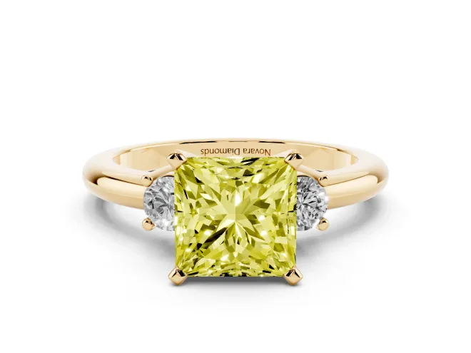 Princess Cut Three Stone Engagement Ring Setting for a Fancy Yellow Lab-Grown Diamond | Round Side Stones | Yellow Gold