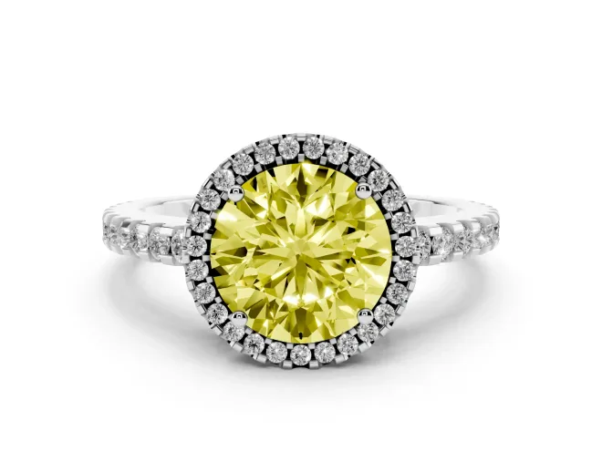 Fancy Yellow Round Cut Diamond Halo Ring Set in Silver with Pavé Shoulders and Halo-Framed Center