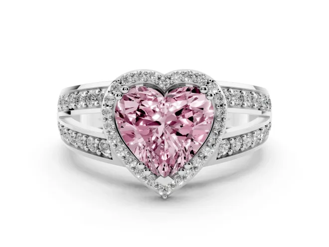 Fancy Pink Heart Cut Diamond Halo Ring Set in Platinum with Double Pavé Split Shank