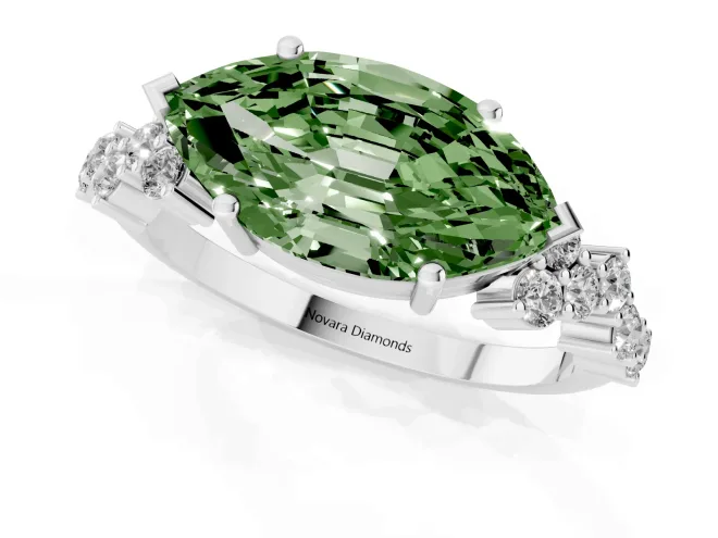 Fancy Green Marquise Cut Diamond Ring Set in Platinum with Scattered Round Accents – second view