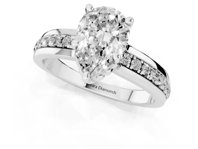 Pear Cut Diamond Solitaire Ring Set in Platinum with Channel Set Band and Prong Setting – second view