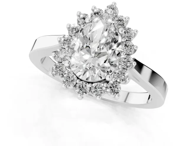 Pear Cut Diamond Halo Ring Set in White gold with Round Halo and Smooth Solitaire Band – second view