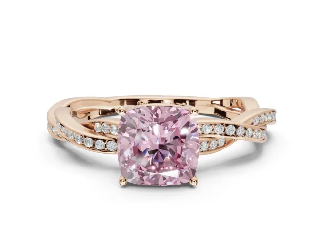Cushion Cut Twisted Pavé Solitaire Engagement Ring Setting for a Fancy Pink Lab-Grown Diamond | Open Basket | Rose Gold