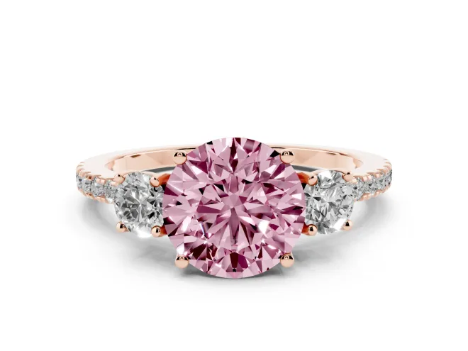 Round Three Stone Engagement Ring Setting for a Fancy Pink Lab-Grown Diamond | Pavé Shoulders | Rose Gold