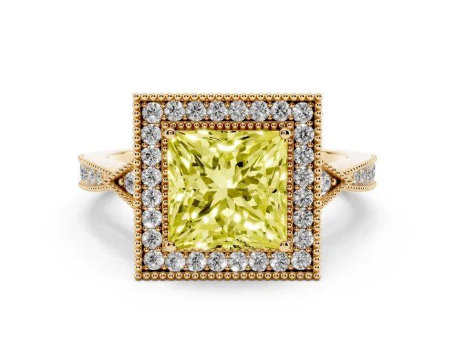 Princess Cut Milgrain Halo Engagement Ring Setting for a Fancy Yellow Lab-Grown Diamond | Graduated Pavé | Yellow Gold