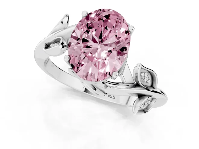 Fancy Pink Oval Cut Diamond Solitaire Twist Engagement Ring Set in White gold with Pavé Leaf Accents – second view