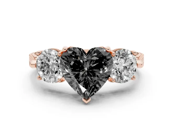 Heart-Shaped Vintage Three Stone Engagement Ring Setting for a Black Center | Milgrain Band | Rose Gold