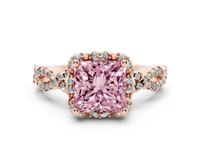 Princess Cut Milgrain Halo Engagement Ring Setting for a Fancy Pink Lab-Grown Diamond | Graduated Shoulders | Rose Gold