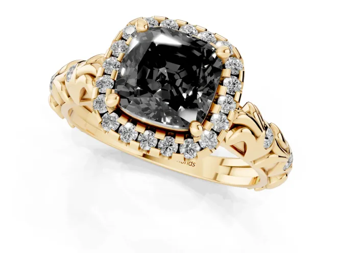 Fancy Black Cushion Cut Diamond Halo Ring Set in Yellow gold with Filigree Leaf Band and Prong Setting – second view