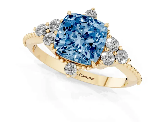 Fancy Blue Cushion Cut Diamond Cluster Ring Set in Yellow gold with Beaded Band – second view