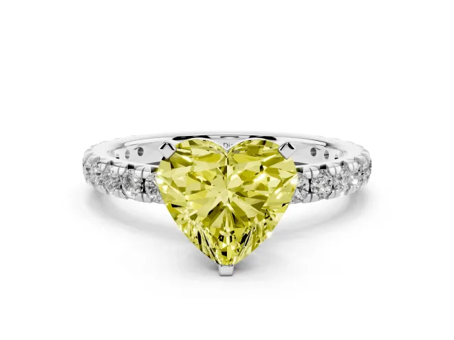 Fancy Yellow Heart Cut Diamond Pavé Solitaire Ring Set in Silver with Round Band and Prong Setting