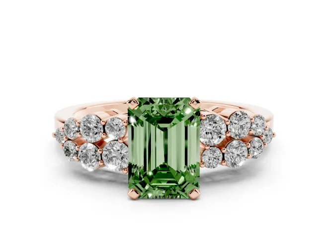 Emerald Cut Side Stone Engagement Ring Setting for a Fancy Green Lab-Grown Diamond | Shoulder Clusters | Rose Gold