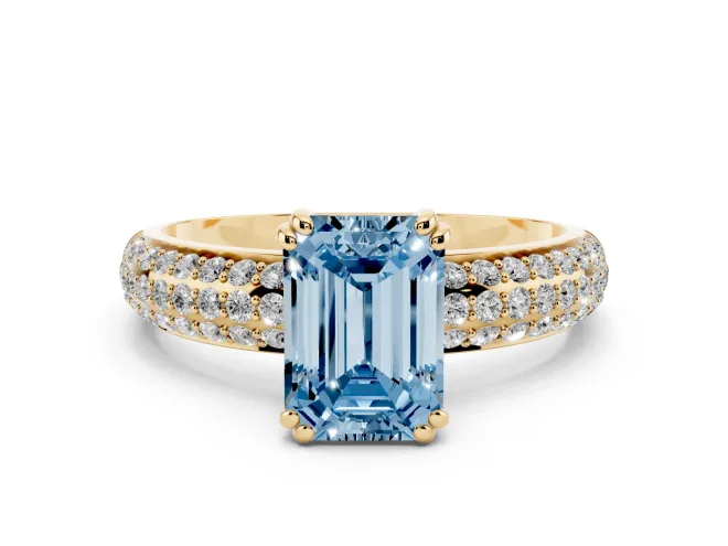 Emerald Cut Three Row Pavé Engagement Ring Setting for a Fancy Blue Lab-Grown Diamond | Yellow Gold