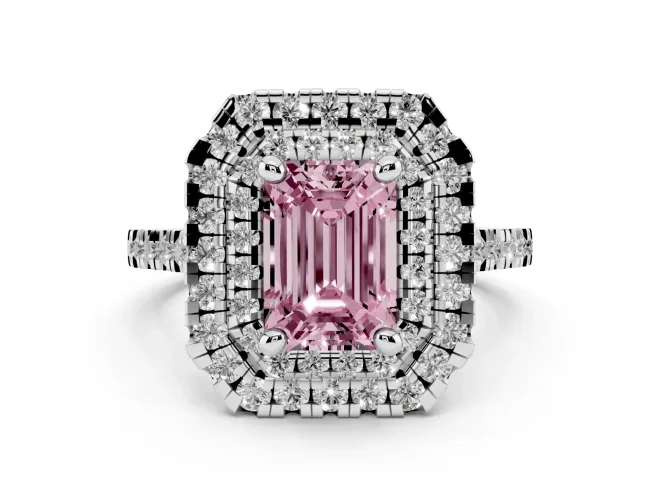 Fancy Pink Emerald Cut Diamond Double Halo Statement Ring Set in Platinum with Pavé Band