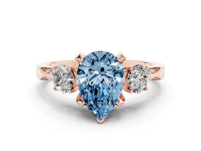 Pear-Shaped Hidden Halo Three Stone Engagement Ring Setting for a Fancy Blue Lab-Grown Diamond | Rose Gold