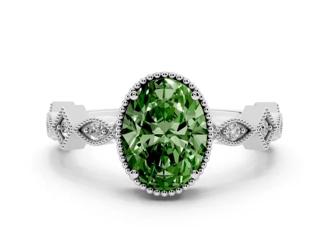 Oval Milgrain Bezel Engagement Ring Setting for a Fancy Green Lab-Grown Diamond | Sterling Silver