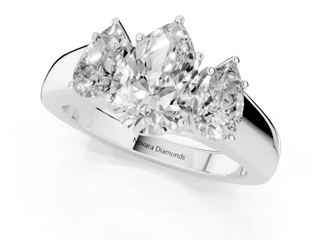 Three-Stone Pear Cut Diamond Ring Set in White gold with Matching Prong Settings and Plain Band – second view
