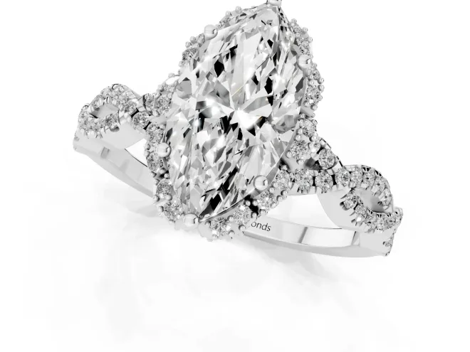 Marquise Cut Diamond Halo Twist Band Solitaire Ring Set in Platinum with Prong-Set Center Stone – second view