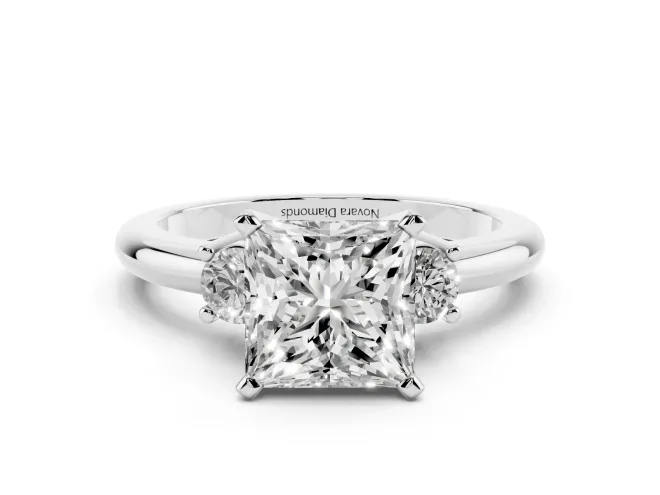 Three-Stone Princess Cut Diamond Ring Set in White gold with Prong Setting and Plain Band