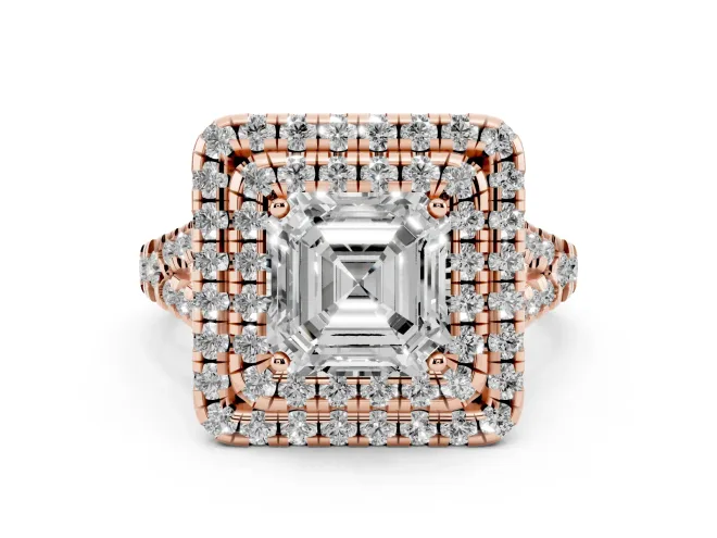 Asscher Cut Diamond Double Halo Ring Set in Rose gold with Pavé Split Shank and Prong Setting