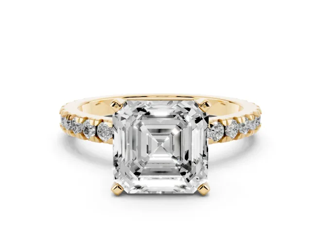 Asscher Cut Diamond Pavé Band Solitaire Set in Yellow gold with Prong Setting
