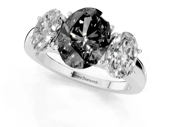 Fancy Black Oval Cut Diamond Three-Stone Ring Set in Silver with Bold Center and Classic Band – second view