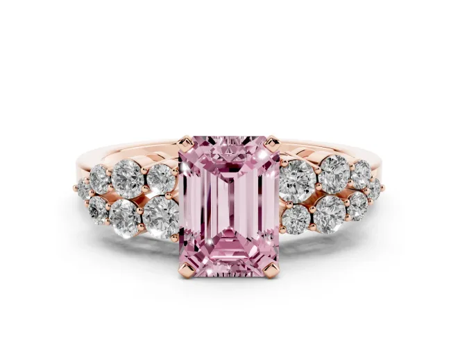 Emerald Cut Side Stone Engagement Ring Setting for a Fancy Pink Lab-Grown Diamond | Shoulder Clusters | Rose Gold