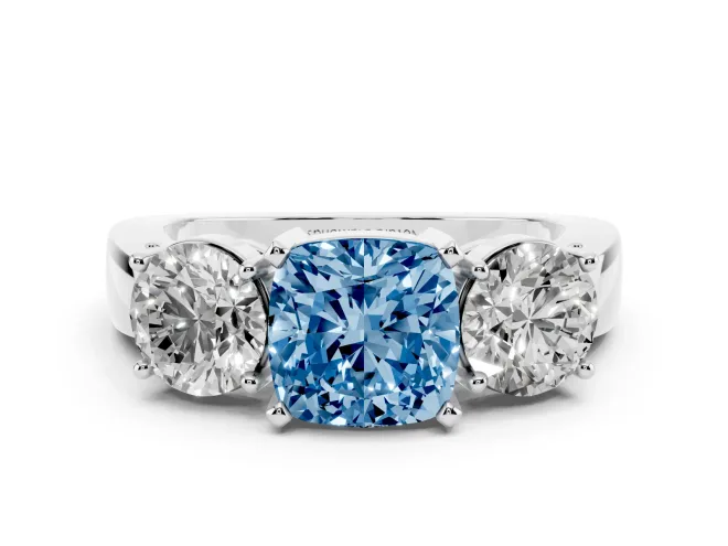 Cushion Cut Three Stone Engagement Ring Setting for a Fancy Blue Lab-Grown Diamond | Wide Plain Band | White Gold