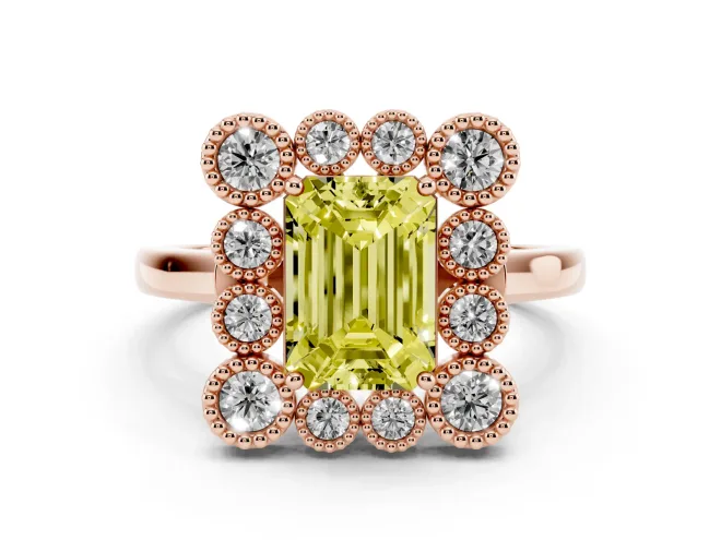 Emerald Cut Milgrain Cluster Halo Engagement Ring Setting for a Fancy Yellow Lab-Grown Diamond | Plain Band | Rose Gold