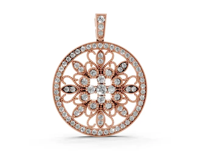 Round Lab-Grown Diamond Floral Filigree Pendant Necklace | Pavé Frame | Rose Gold