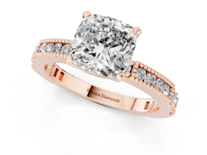 Cushion Cut Diamond Solitaire Ring Set in Rose gold with Slim Pavé Band and Prong Setting – second view