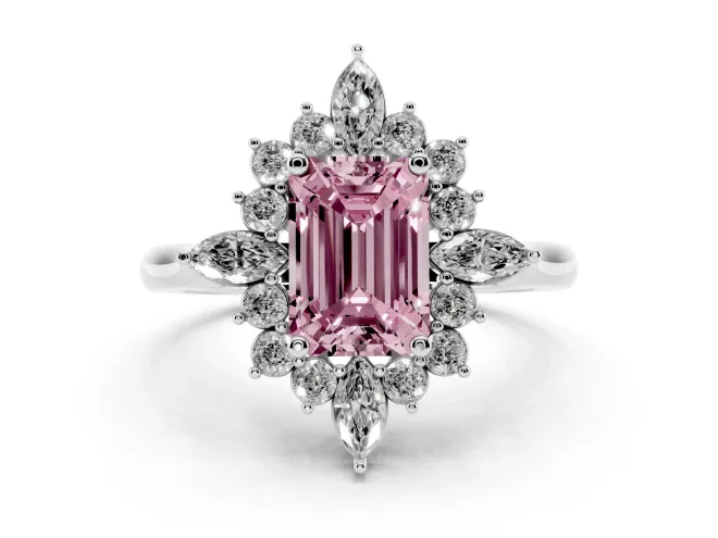 Fancy Pink Emerald Cut Diamond Cluster Halo Ring Set in Platinum with Marquise and Round Accents