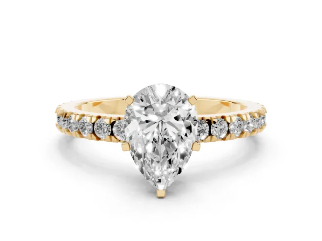 Pear Cut Diamond Pavé Band Solitaire Set in Yellow gold with Prong Setting