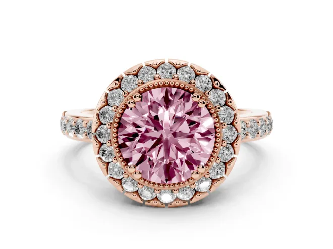 Fancy Pink Round Cut Diamond Halo Ring Set in Rose gold with Pavé Shank and Prong Setting