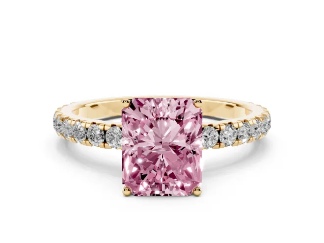 Fancy Pink Radiant Cut Diamond Pavé Solitaire Engagement Ring Set in Yellow gold with Prong Setting