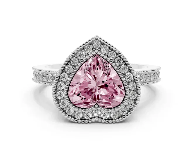 Heart-Shaped Milgrain Halo Engagement Ring Setting for a Fancy Pink Lab-Grown Diamond | Pavé Band | Sterling Silver