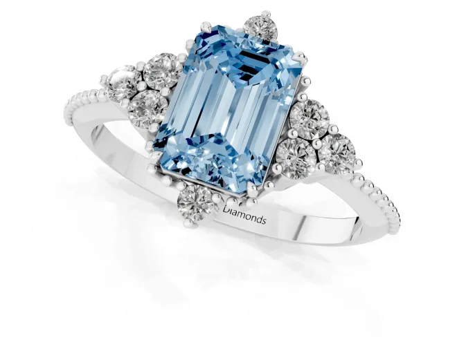 Fancy Blue Emerald Cut Diamond Cluster Ring Set in Silver with Beaded Band – second view
