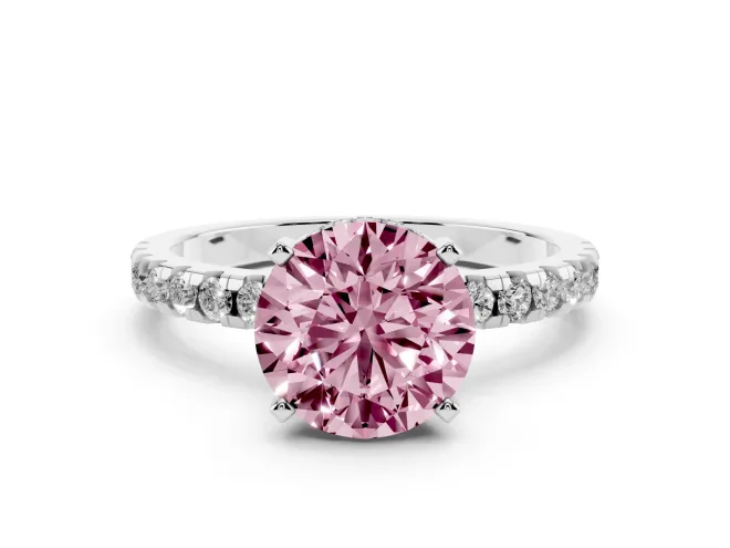 Fancy Pink Round Cut Diamond Pavé Solitaire Ring Set in Platinum with Round Band Accents and Prong Setting