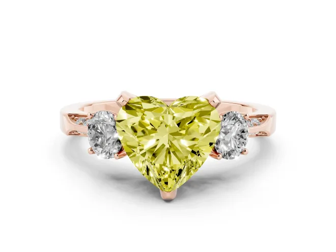 Heart-Shaped Hidden Halo Three Stone Engagement Ring Setting for a Fancy Yellow Lab-Grown Diamond | Rose Gold