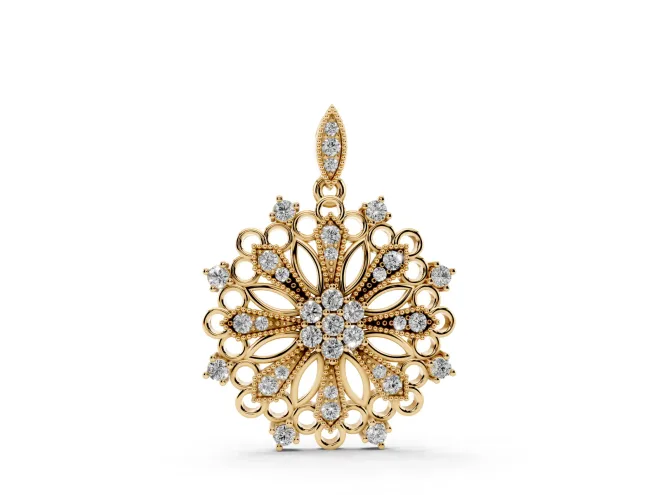 Round Lab-Grown Diamond Cluster Milgrain Floral Pendant Necklace | Openwork Medallion | Yellow Gold