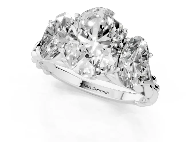Oval Cut Diamond Three-Stone Ring Set in White gold with Braided Band – second view