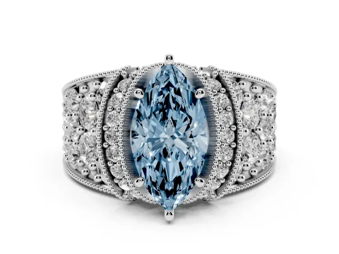 Marquise Vintage Pavé Engagement Ring Setting for a Fancy Blue Lab-Grown Diamond | Milgrain Edges | Sterling Silver